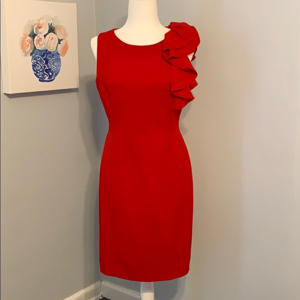 Calvin Klein red dress with one shoulder ruffle